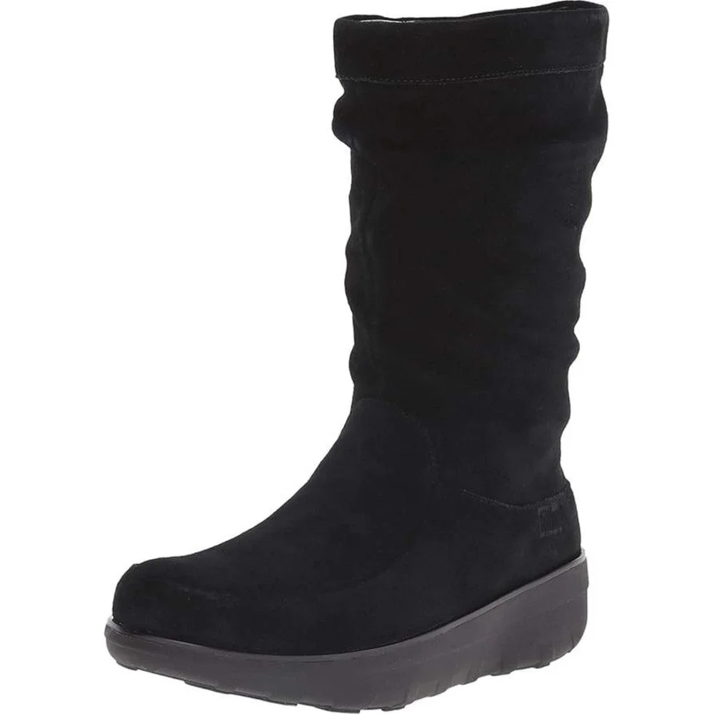 FitFlop Loaff Slouch Zip Mid Calf Boot Size 8 Black Suede Platform Comfort